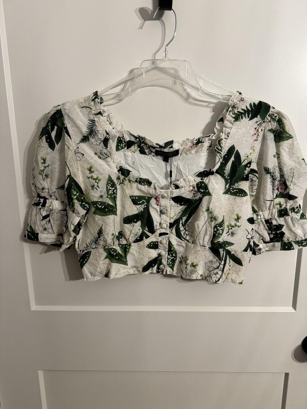 Aqua Blu Blouse XL Multicolor Floral Puff Sleeve Cropped Claudia Top Resort Vaca